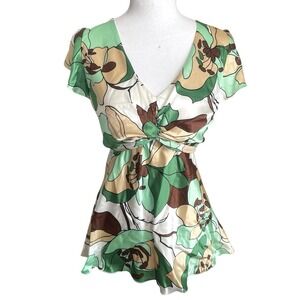 NWT Vintage DressBarn Y2k‎ Green Satin Babydoll Top Forest Fairy Retro Boho Sz L